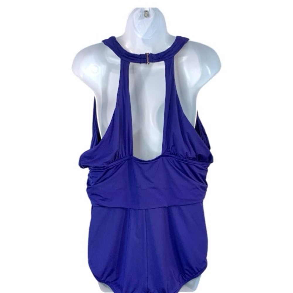 BADGLEY MISCHKA Mío Plunge Midnight Blue Shirred Waist 1 pc Swim Sz 18 - Picture 10 of 13